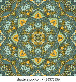 Seamless oriental ornamental vector pattern. Laced decorative background with round floral and geometric ornament. Repeating geometric tiles with mandala. Indian or Arabic motive.