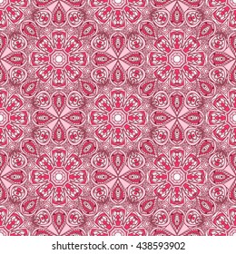 Seamless oriental ornamental vector pattern. Laced decorative background with round floral and geometric ornament. Repeating inwrought tiles with mandala. Indian or Arabic motif. Festival style.