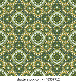 Seamless oriental ornamental vector pattern. Laced decorative background with round floral and geometric ornament. Repeating inwrought mandala tiles. Indian or Arabic motif. Festival style.