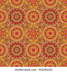 Seamless oriental ornamental vector pattern. Laced decorative background with round floral and geometric ornament. Repeating inwrought mandala tiles. Indian or Arabic motif. Boho festival style.