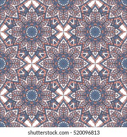 Seamless oriental ornamental vector pattern. Laced decorative background with round floral and geometric ornament. Repeating inwrought mandala tiles. Indian or Arabic motif. Boho festival style.