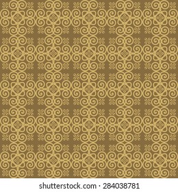 Seamless Oriental  Pattern of  Abstract Floral Tiles, With Spirals And Flowers of Petals of Diamond Shape. Golden Color.
