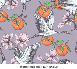 Nahtloses orientalisches Muster mit Kranichen, Magnolienblumen und Persimmon