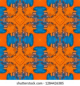 Seamless oriental pattern with decorative patchwork tiles. Freehand drawing. Background for packaging paper, fabric design and fashion, surface design. Based on SELF MADE acrylic art works.