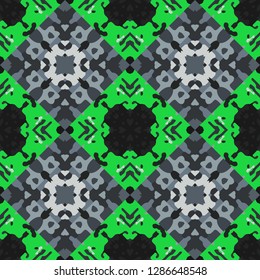 Seamless oriental pattern with decorative patchwork tiles. Freehand drawing. Background for packaging paper, fabric design and fashion, surface design. Based on SELF MADE acrylic art works.