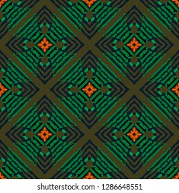Seamless oriental pattern with decorative patchwork tiles. Freehand drawing. Background for packaging paper, fabric design and fashion, surface design. Based on SELF MADE acrylic art works.