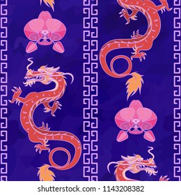 Seamless oriental pattern with dragons and orchids, chinese ornament on a watercolor background