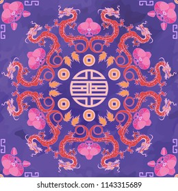 Seamless oriental pattern with dragons and orchids, chinese ornament on a watercolor background