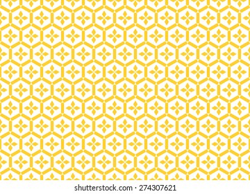 Seamless Oriental Pattern of A Flower of Four Petals Inside Honeycomb Like Cells Surrounded by Six Short Bars. Yellow Color.