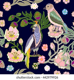 Seamless oriental pattern with flowers and birds. Vintage textile collection. Blue.