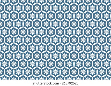 Seamless Oriental Pattern of Flowers of Eight Petals in Honeycomb Like Grids Surrounded  by  Six Ellipses. White Pattern on Blue Background.