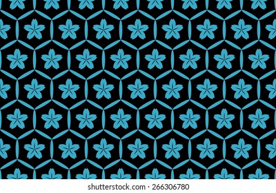Seamless Oriental Pattern of Flowers of Sakura With Five Petals in Honeycomb Like Grids Surrounded by Six Ellipses. Blue Color on Black Background.