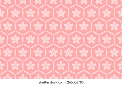 Seamless Oriental Pattern of Flowers of Sakura With Five Petals in Honeycomb Like Grids Surrounded by Six Ellipses. Pink Color.