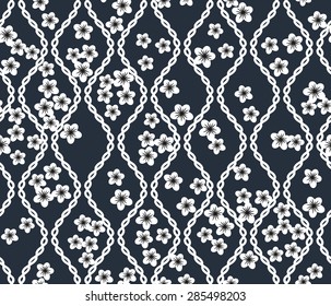 Seamless Oriental Pattern with Flowers Scattering Among The Cells Between Wavy Curves.