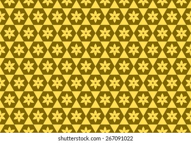 Seamless Oriental Pattern of  Flowers of Six Petals in Cells of Honeycomb Surrounded by Six Triangles. Yellow Color on Brown Background.