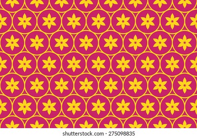 Seamless Oriental Pattern of Flowers of Six Petal in Circles of Hexagonal Arrangement. Yellow Flowers on Purple Background.