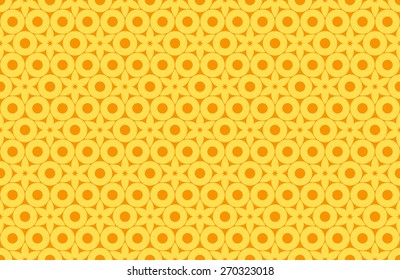 Seamless Oriental Pattern of Flowers Surrounded by Six Circles. Yellow Color on Orange Background.