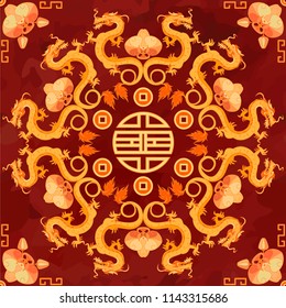 Seamless oriental pattern with gold dragons and orchids, chinese ornament on a watercolor background