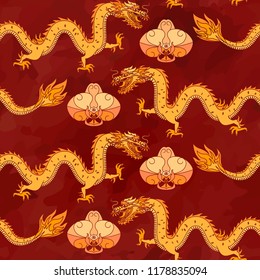 Seamless oriental pattern with gold dragons and orchids, chinese ornament on a watercolor background