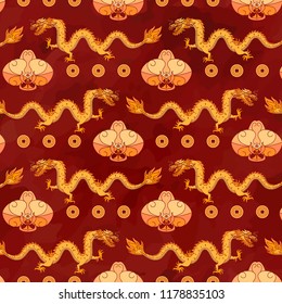 Seamless oriental pattern with gold dragons and orchids, chinese ornament on a watercolor background
