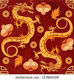 Seamless oriental pattern with gold dragons and orchids, chinese ornament on a watercolor background