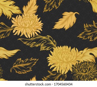 Nahtloses orientalisches Muster mit goldenen Chrysanthemen