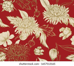 seamless oriental pattern with golden flowers on a red background