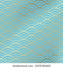 A seamless oriental pattern of golden lines forming a geometric wave design on a turquoise background. Traditional Asian style seigaiha sea wave motifs for backgrounds, textiles or decorative designs