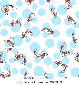 Seamless oriental pattern with Japanese carps koi. A symbol of good luck. Asian background, vector illustration. Natural fabric print design.