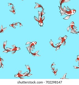 Seamless oriental pattern with Japanese carps koi. A symbol of good luck. Asian blue background, vector illustration. Natural fabric print design.