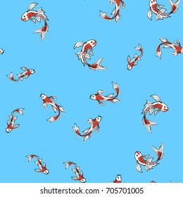 Seamless oriental pattern with Japanese carps koi. A symbol of good luck. Asian blue background, vector illustration. Natural fabric print design.