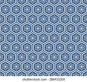 Seamless Oriental Pattern of Line Art of Flowers in Hexagonal Cells.