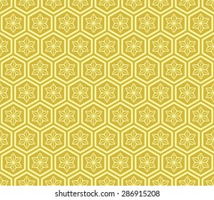 Seamless Oriental Pattern of Line Art of Flowers in Hexagonal Cells.