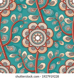 Seamless oriental pattern with mandala and turkish cucumber. Vector laced decorative background with floral and geometric ornament. Indian or Arabic motive. Boho festival style