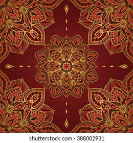 Seamless oriental pattern of mandalas on a dark red background. Vector elegant ornament. Stylized template for embroidery, shawl, tapestry, carpet,wrapping, textile.