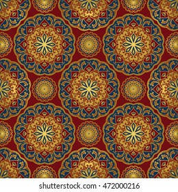 Seamless oriental pattern of mandalas on a red background. Vector elegance ornament. Design for any surface. Stylized template for carpet.