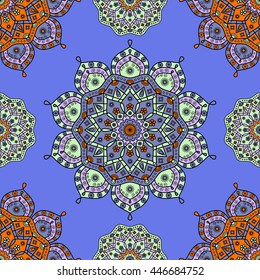 Seamless oriental pattern in pale turquoise green, grayish blue, pale lavender & orange on celestial blue background. Vintage print inspired by traditional ethnic Oriental decorative ornaments.