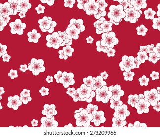 Seamless Oriental Pattern of Plum Blossoms. White Flowers on Red Background. Overlaid with A Layer of Texture of Vertical Scratches. 