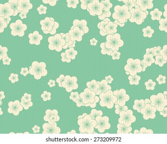 Seamless Oriental Pattern of Plum Blossoms. Yellow Flowers on Green Background. Overlaid with A Layer of Texture of Vertical Scratches. 