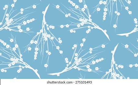 Seamless Oriental Pattern of Plum Blossoms with Branches And Twigs. White Branches on Pastel Blue Background.