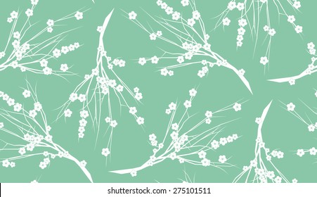 Seamless Oriental Pattern of Plum Blossoms with Branches And Twigs.White Branches  on Green Background.