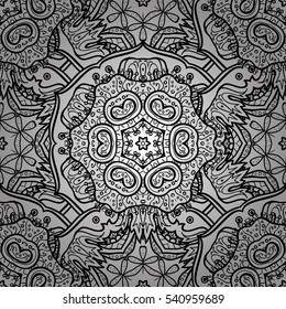 Seamless oriental pattern of round black elements on a white background. Vector ornament of intricate mandalas symmetrically located. Radial gradient shadow.