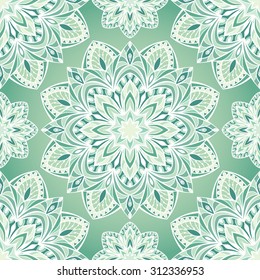 Seamless oriental pattern of round color elements in shades of green. Vector pattern of filigree mandalas symmetrically located. Template for tile.