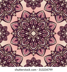 Seamless oriental pattern of round color elements in shades of lilac. Vector pattern of filigree mandalas symmetrically located. Template for textile.