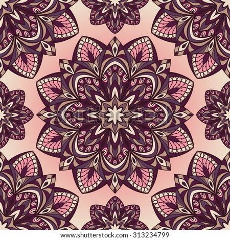 Seamless oriental pattern of round color elements in shades of lilac. Vector pattern of filigree mandalas symmetrically located. Template for textile.