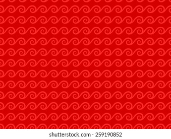 Seamless Oriental Pattern of Rows of Connected Spirals of Red Color.