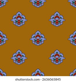Padrão oriental perfeito com flores estilizadas. Motivo turco medieval floral do Império Otomano. No plano de fundo laranja.
