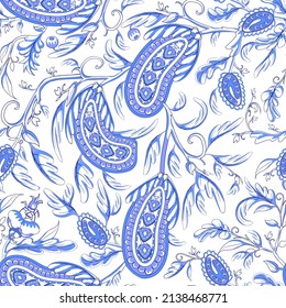 Seamless oriental pattern with stylized leaves and flowers. Repeating geometric tiles with turkish kukumber or buta. Vector laced decorative background. Floral ornament. Indian or turkish motif