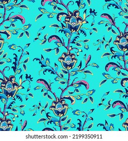 Seamless oriental pattern with stylized leaves and flowers. Repeating geometric tiles with turkish kukumber or buta. Vector laced decorative background. Floral ornament. Indian or turkish motif