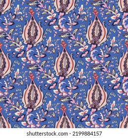 Seamless oriental pattern with stylized leaves and flowers. Repeating geometric tiles with turkish kukumber or buta. Vector laced decorative background. Floral ornament. Indian or turkish motif